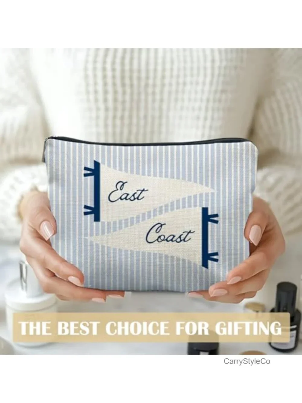 Linen Canvas Coastal Striped Cosmetic Bag for Women, Travel Makeup Pouch